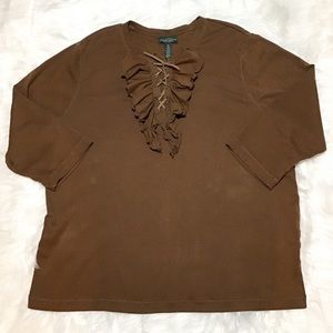Lauren by Ralph Lauren Women’s Brown LaceUp Ruffled Bohemian Blouse